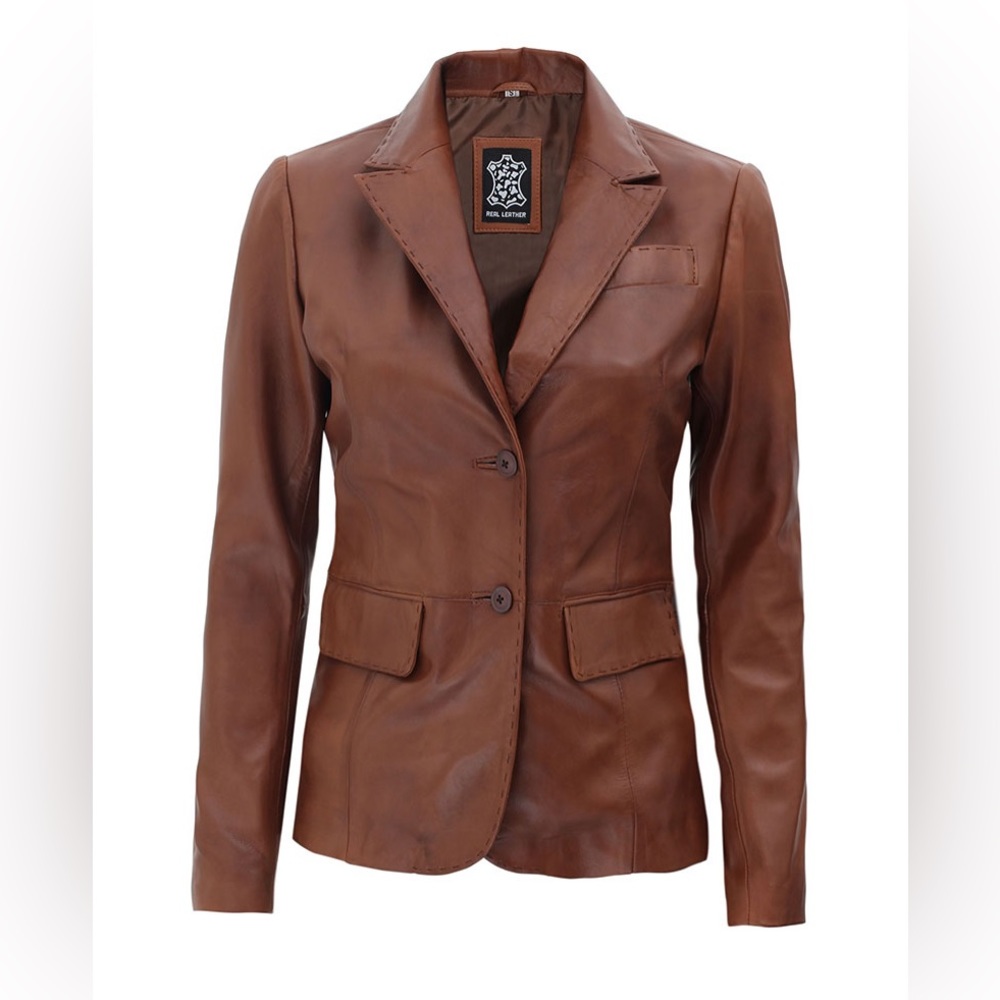 🦐 Brooks Brown Notch Lapel Two Button Womens Leather Blazer Jacket Blazer